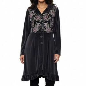 Paper Lace Gray Velvet Floral Embroidered Jacket Large Ruffle Boho Cottagecore